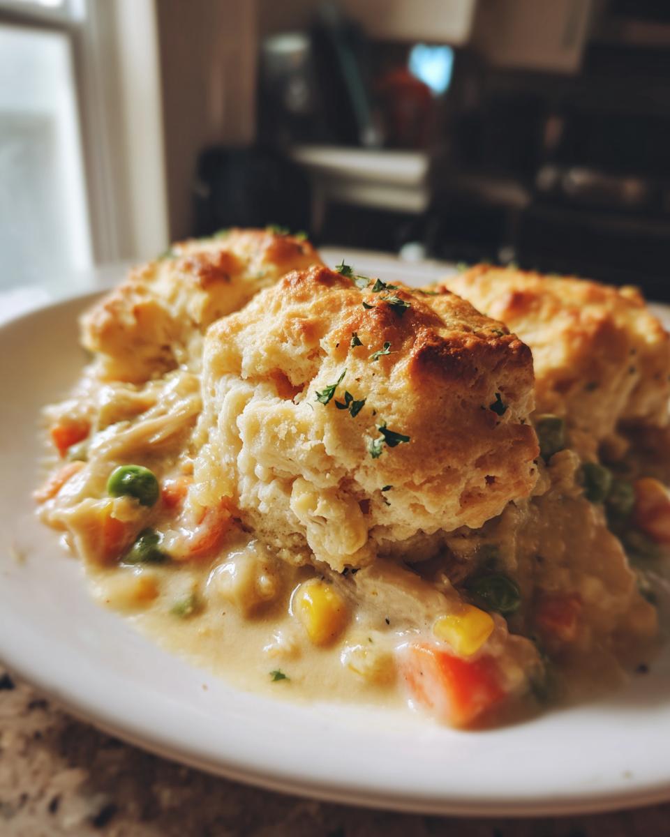 Close-up of a plate with Flaky Biscuit Chicken Pot Pie, showing biscuits and creamy filling.
