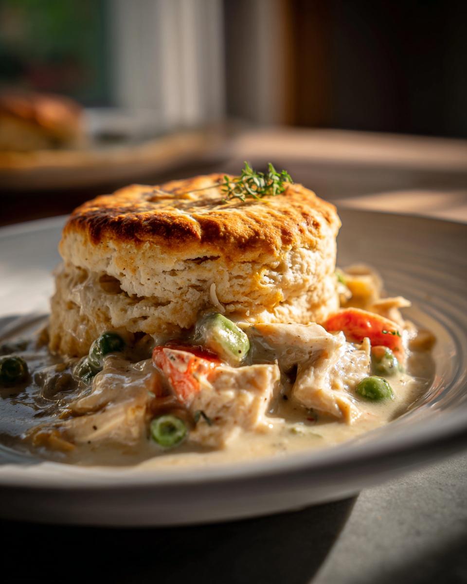Close-up of a delicious Flaky Biscuit Chicken Pot Pie with a golden biscuit topping.