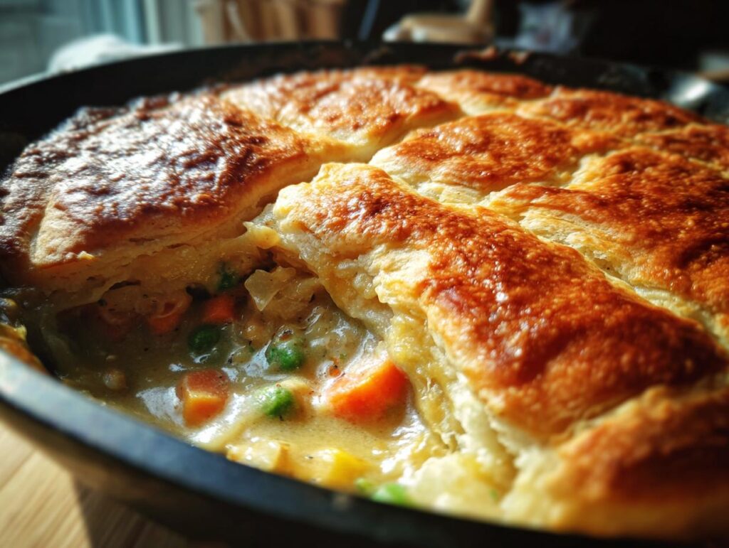 Close-up of a golden Flaky Biscuit Chicken Pot Pie in a skillet, showing the flaky crust and filling.