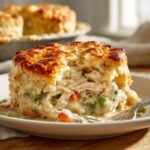 A close-up of a slice of flaky biscuit chicken pot pie on a white plate, showing the filling and biscuit.