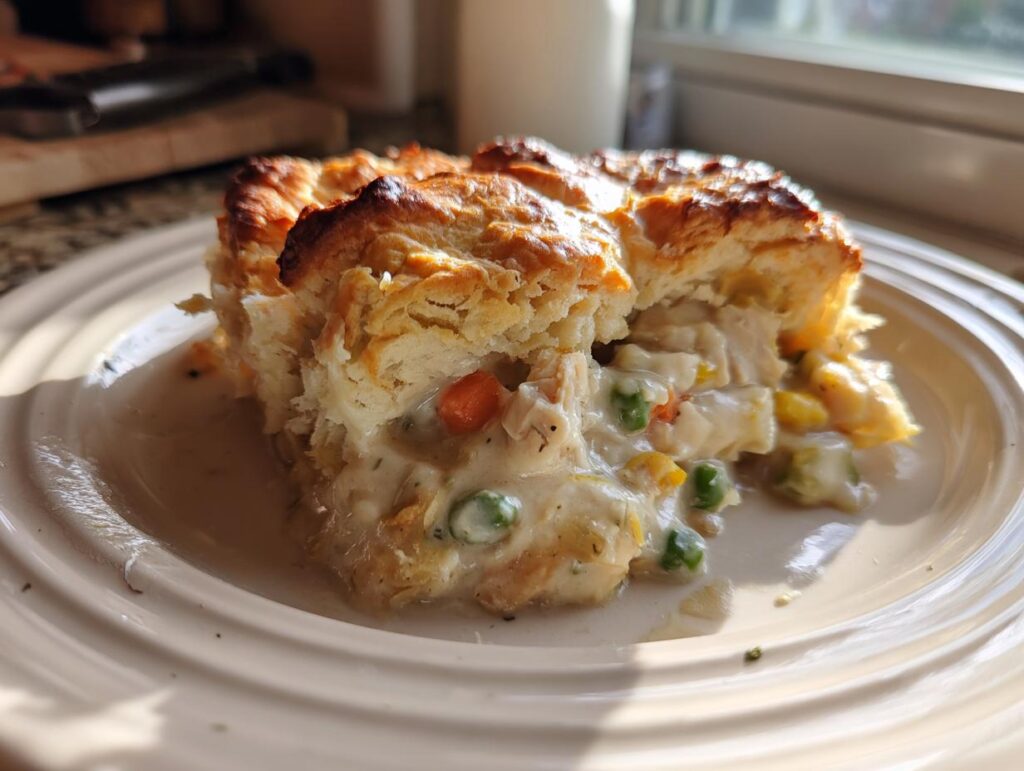 Close-up of a slice of Flaky Biscuit Chicken Pot Pie on a plate, showing the flaky biscuit topping and filling.