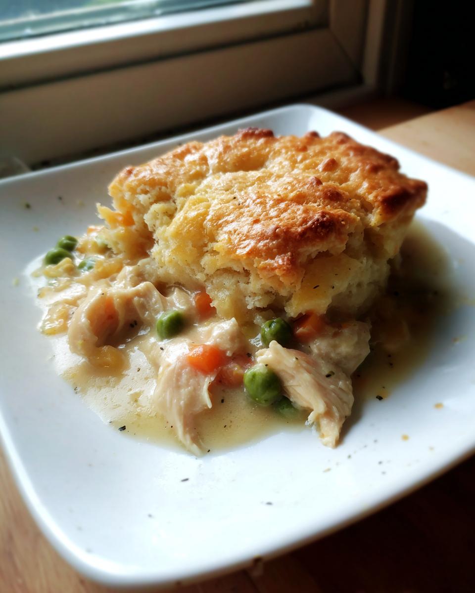 A slice of Flaky Biscuit Chicken Pot Pie on a white plate, showing the biscuit topping and filling.