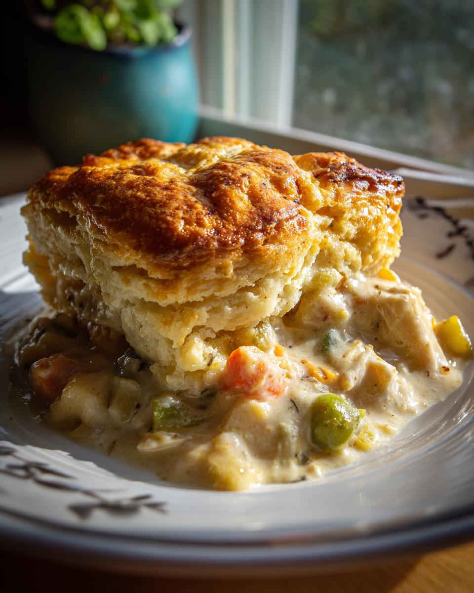 Close-up of a slice of Flaky Biscuit Chicken Pot Pie on a plate, showing the biscuit and filling.