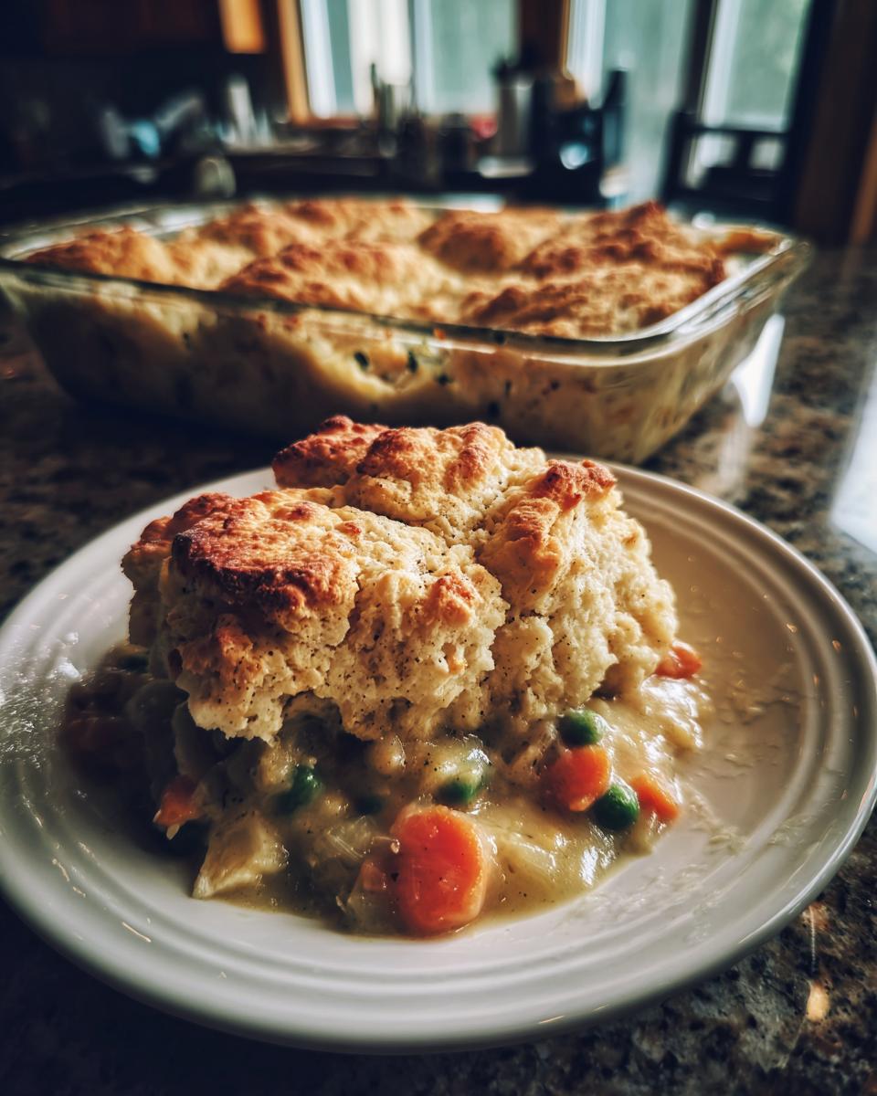 Close-up of a slice of Flaky Biscuit Chicken Pot Pie on a white plate, with the whole pot pie in the background.