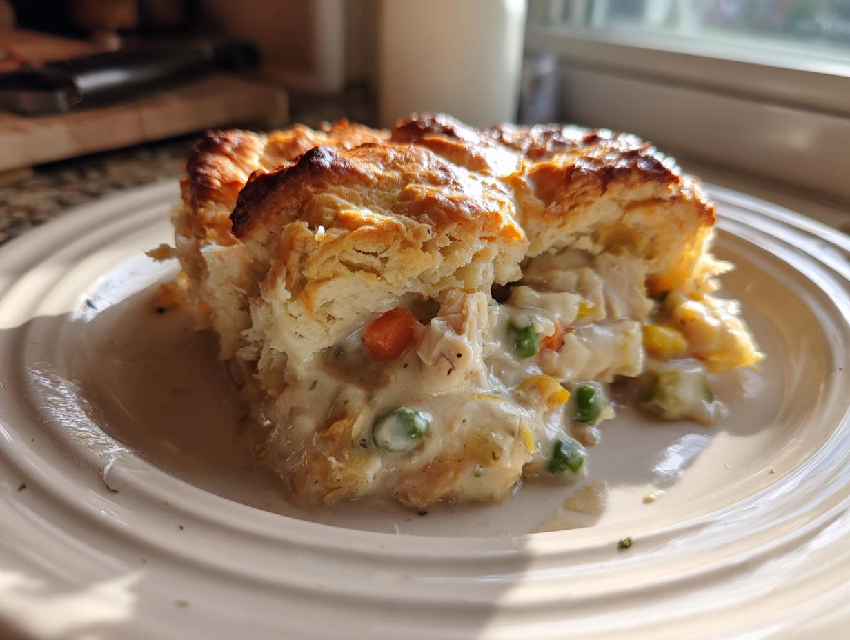 Close-up of a slice of Flaky Biscuit Chicken Pot Pie on a plate, showing the flaky biscuit topping and filling.