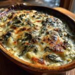 Close-up of a baked Four-Cheese Spinach Artichoke Dip Casserole in a brown dish.