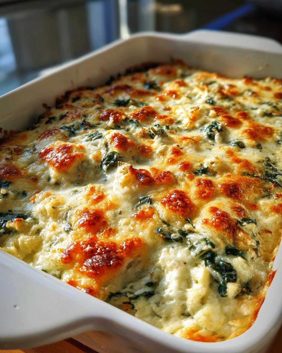 Close-up of a baked Four-Cheese Spinach Artichoke Dip Casserole in a white baking dish, with melted cheese.