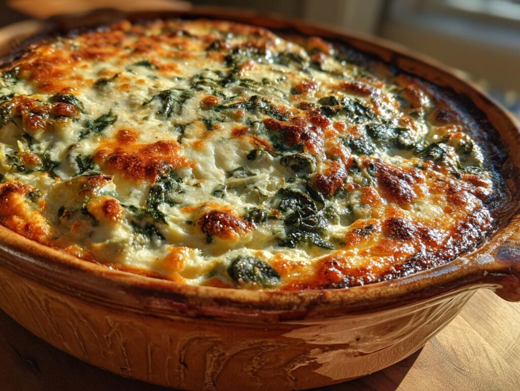Close-up of a freshly baked Four-Cheese Spinach Artichoke Dip Casserole in a ceramic dish.