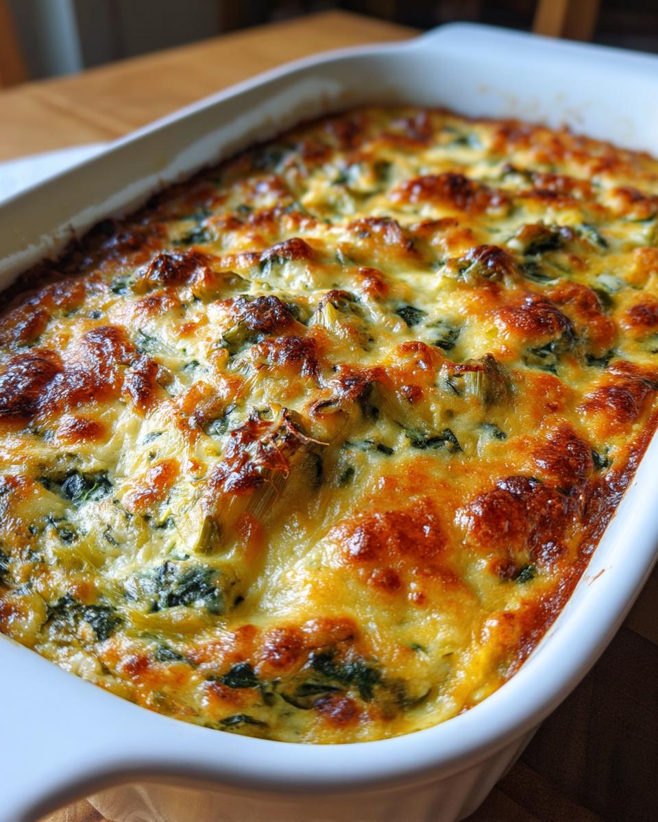 Overhead shot of a baked Four-Cheese Spinach Artichoke Dip Casserole in a white baking dish.
