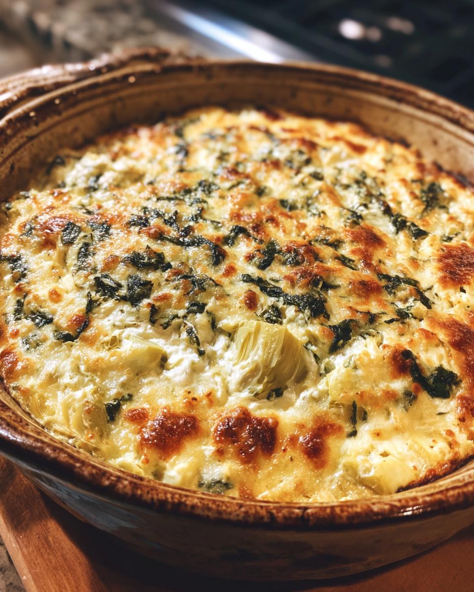 Close-up of a baked Four-Cheese Spinach Artichoke Dip Casserole in a ceramic dish.