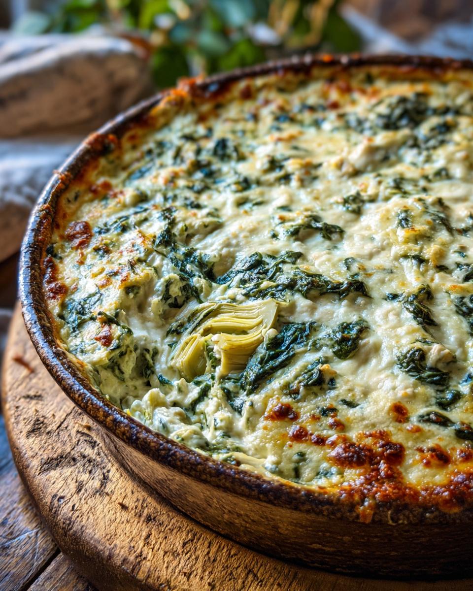 Close-up of a baked Four-Cheese Spinach Artichoke Dip Casserole in a baking dish.