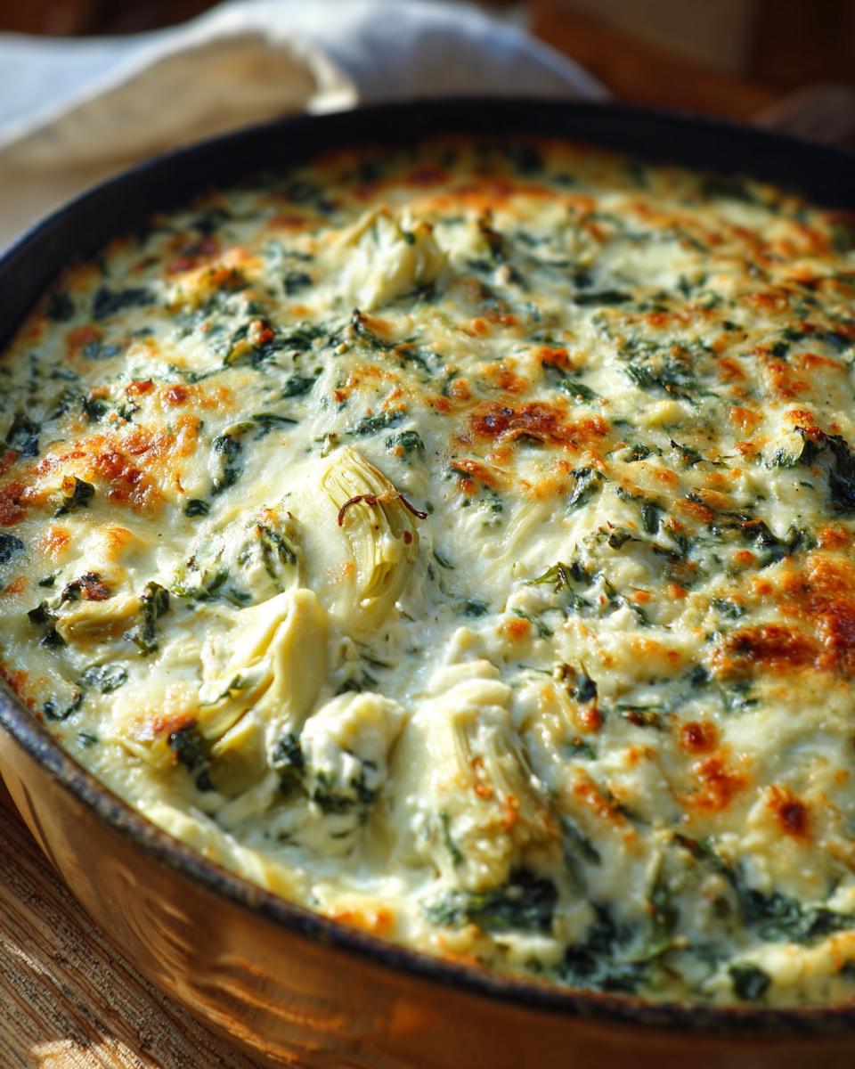 Close-up of a baked Four-Cheese Spinach Artichoke Dip Casserole in a baking dish.