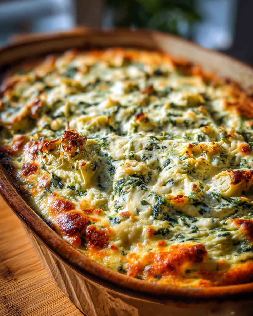 Overhead shot of a baked Four-Cheese Spinach Artichoke Dip Casserole in a baking dish.