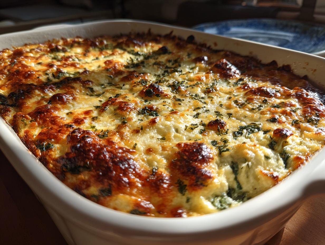 Close-up of a baked Four-Cheese Spinach Artichoke Dip Casserole in a white baking dish.