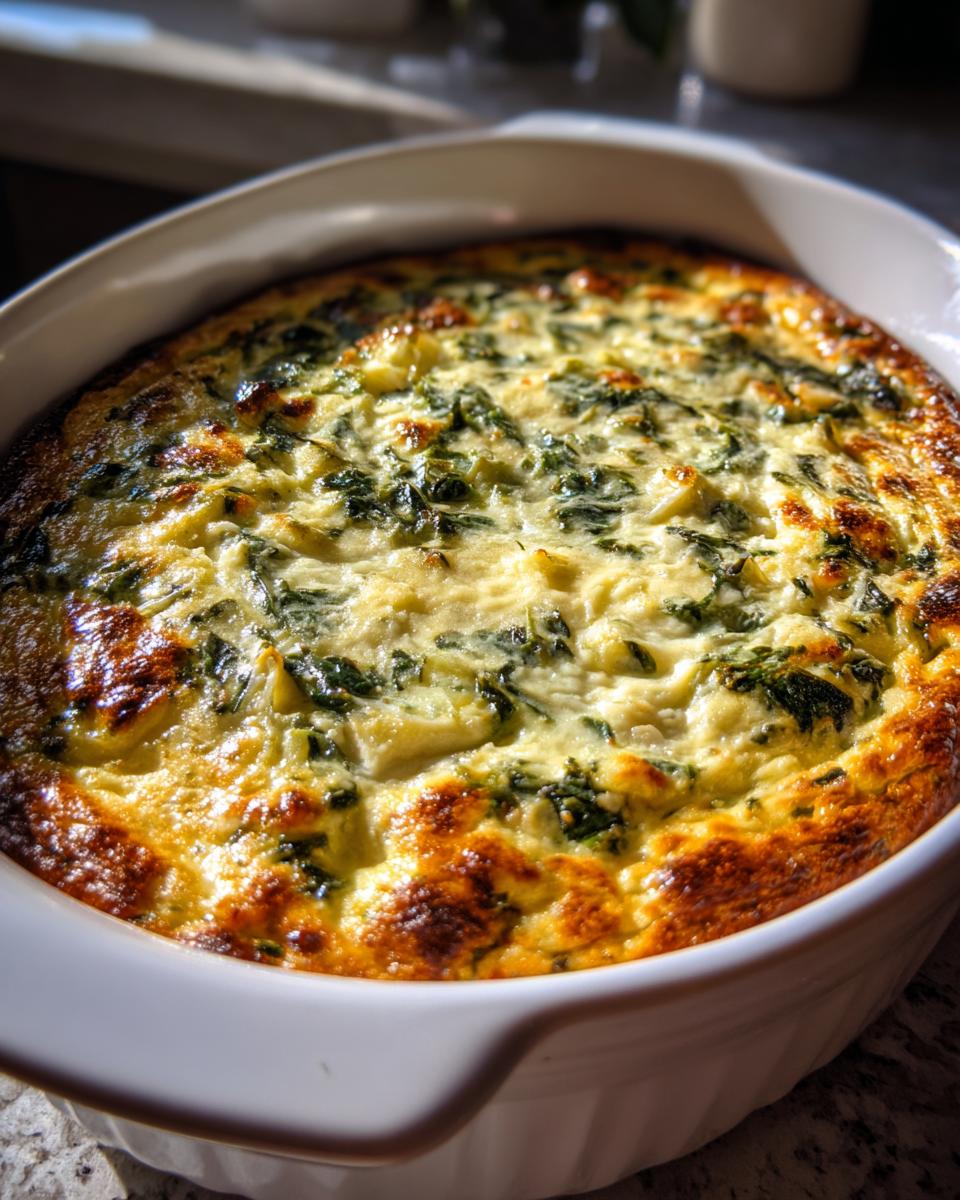 Close-up of a baked Four-Cheese Spinach Artichoke Dip Casserole in a white dish.