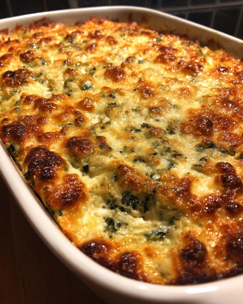 Close-up of a baked Four-Cheese Spinach Artichoke Dip Casserole in a white baking dish.