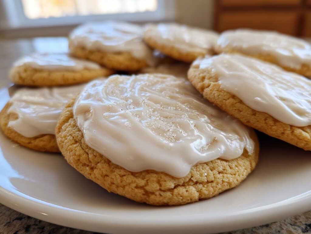 Close-up of frosted eggnog sugar cookies on a white plate, perfect for the holidays.