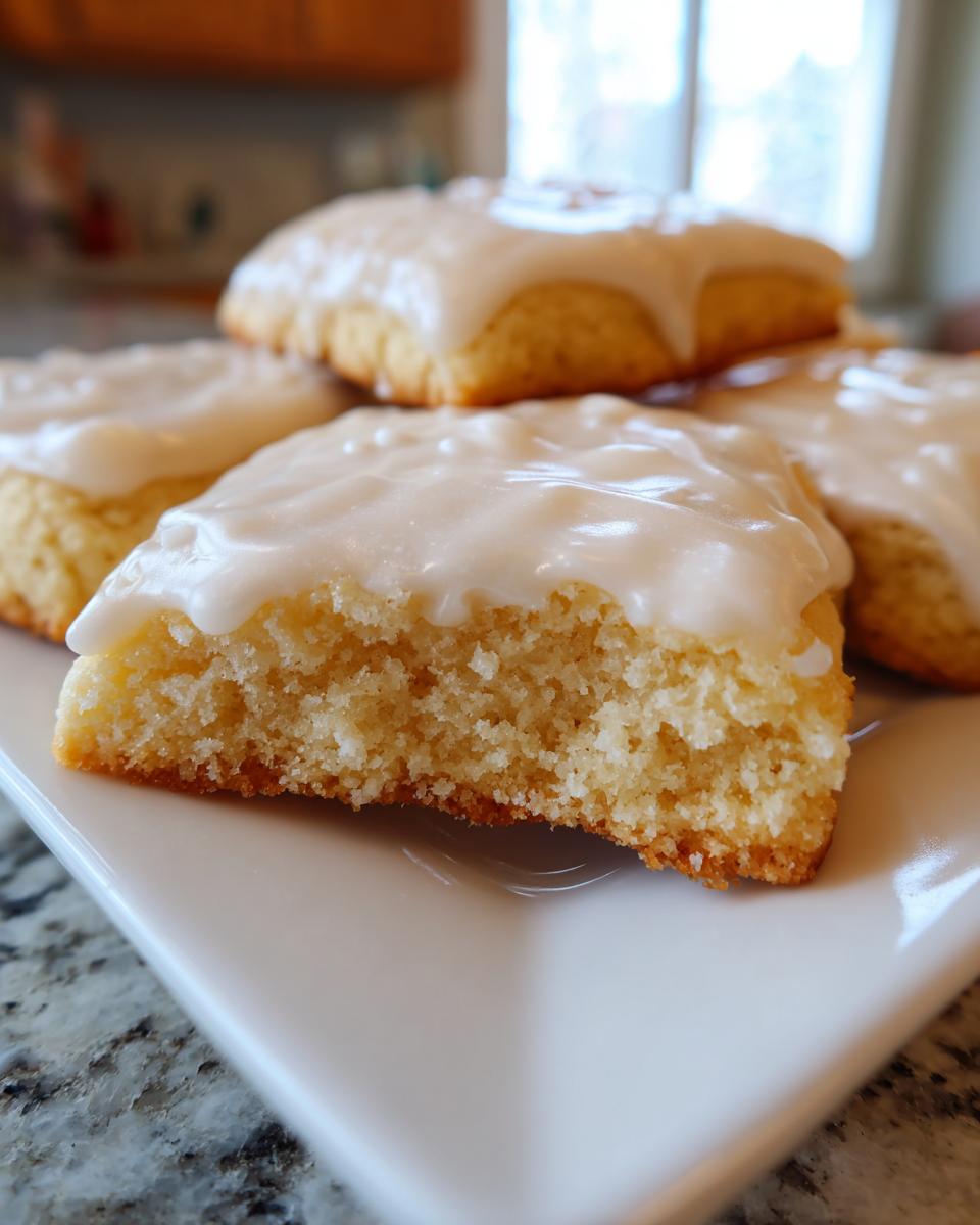 Close-up of a stack of Frosted Eggnog Sugar Cookies with white frosting, showing the soft texture.