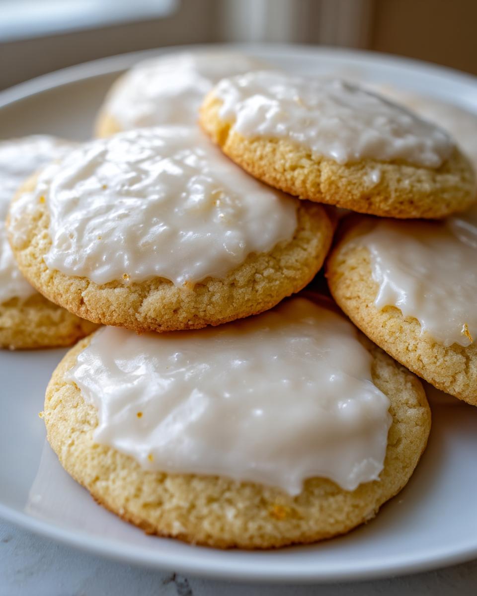 Close-up of frosted eggnog sugar cookies on a white plate. These are the perfect Frosted Eggnog Sugar Cookies.