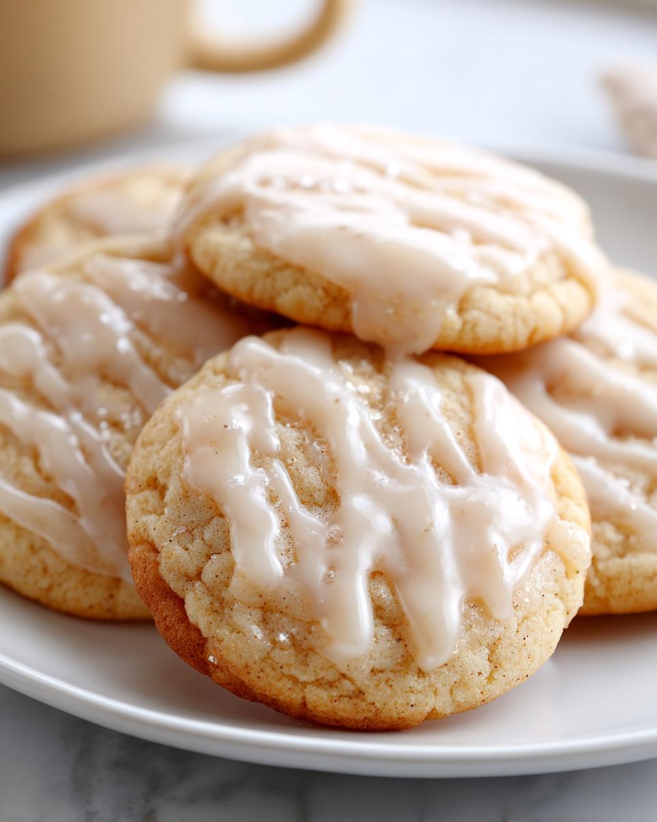 Close-up of frosted eggnog sugar cookies on a white plate, perfect for the holidays. These are delicious Frosted Eggnog Sugar Cookies!