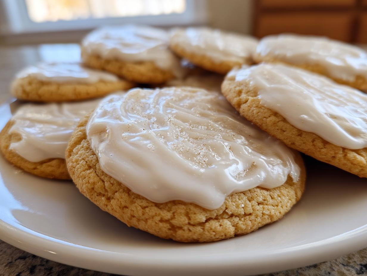 Close-up of frosted eggnog sugar cookies on a white plate, perfect for the holidays.