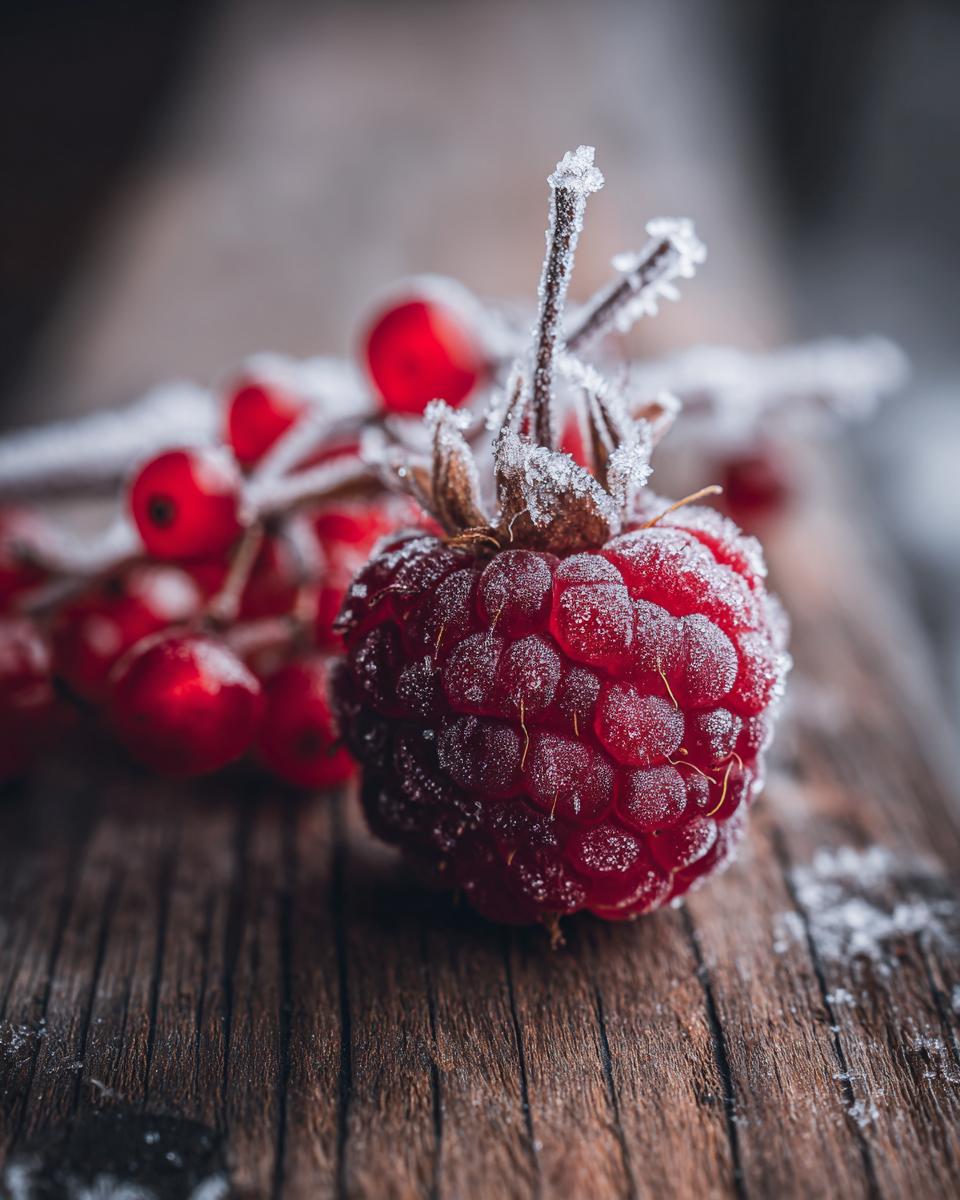 Close-up of a frosted raspberry and red currants on a rustic wooden surface, symbolizing winter cleaning before guests arrive.