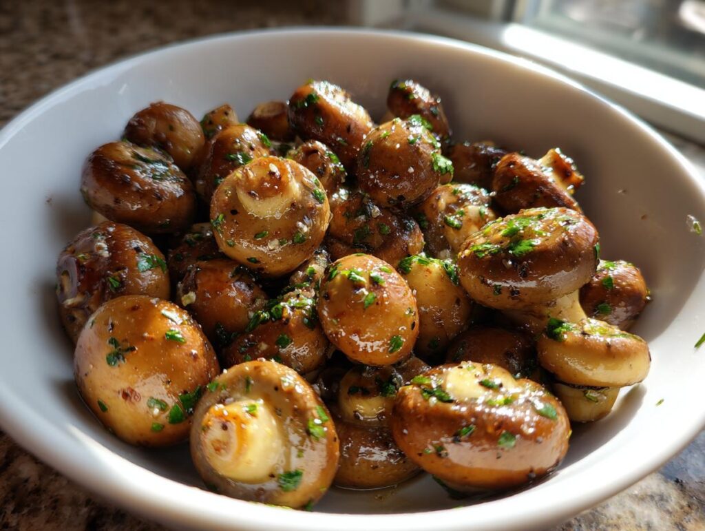 Close-up of a bowl filled with delicious Garlic Butter Mushrooms, garnished with fresh herbs.