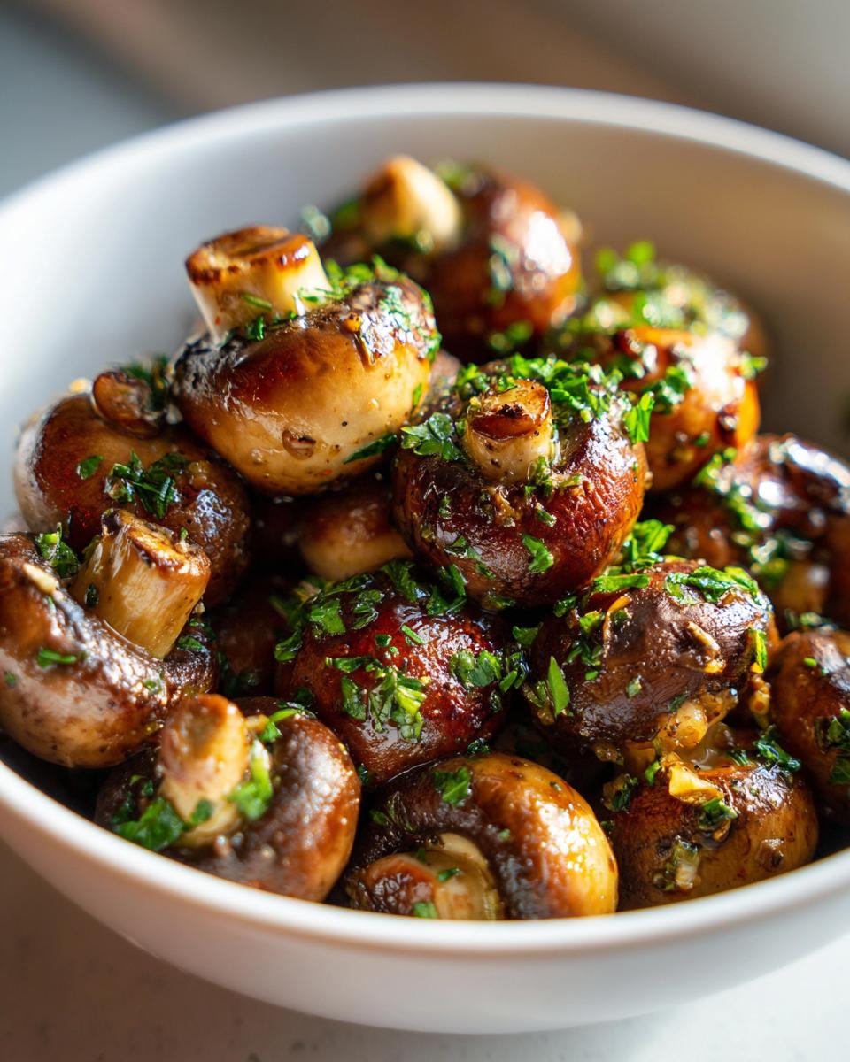 Close-up of a bowl filled with delicious Garlic Butter Mushrooms, garnished with fresh herbs.