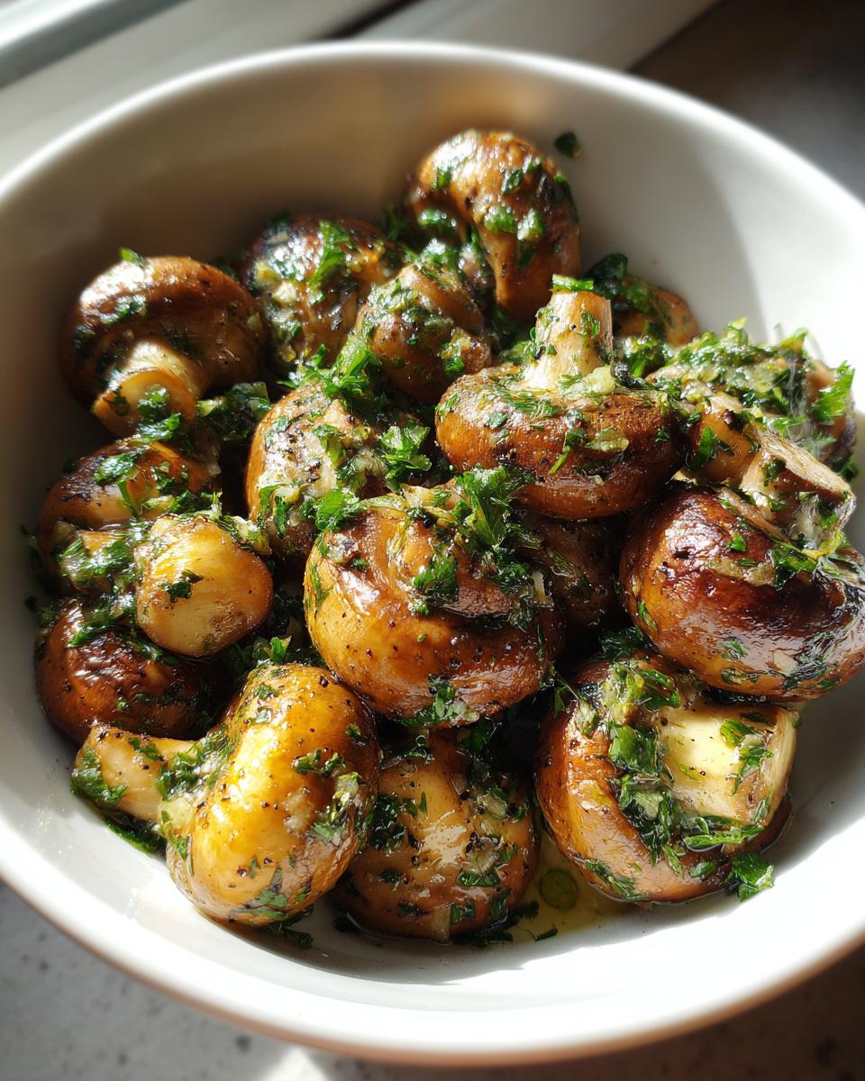 Close-up of a bowl of Garlic Butter Mushrooms, garnished with fresh parsley.