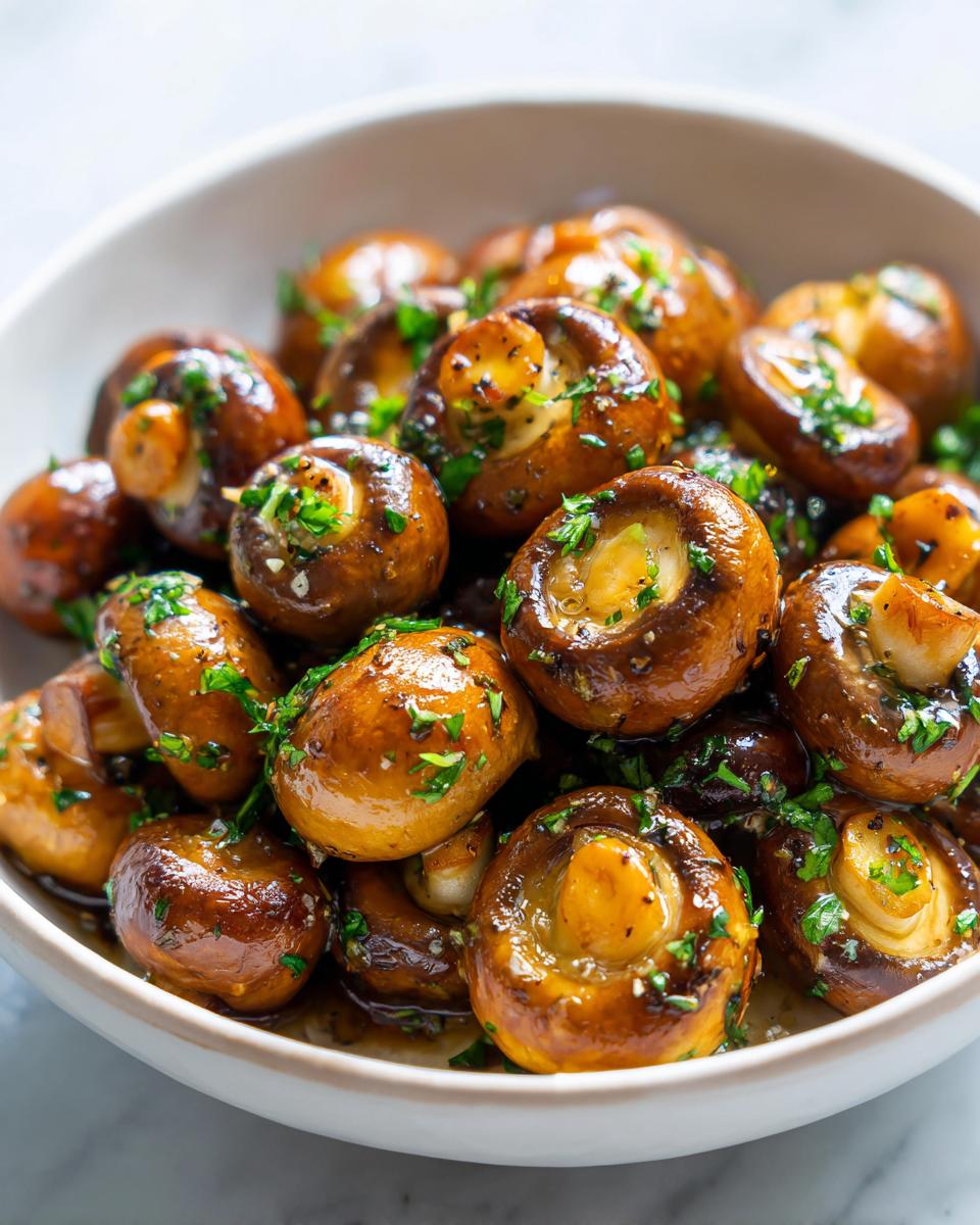 Close-up of a bowl filled with delicious Garlic Butter Mushrooms, garnished with fresh herbs.