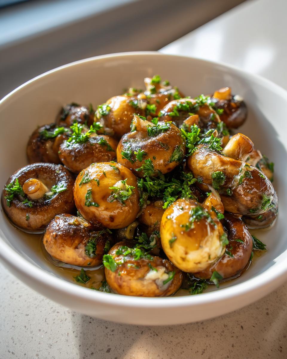 Close-up of a bowl of Garlic Butter Mushrooms, garnished with fresh parsley.
