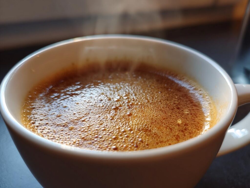 Close-up of a cup of Garlic Miso Ramen-Inspired Broth, with bubbles and steam.