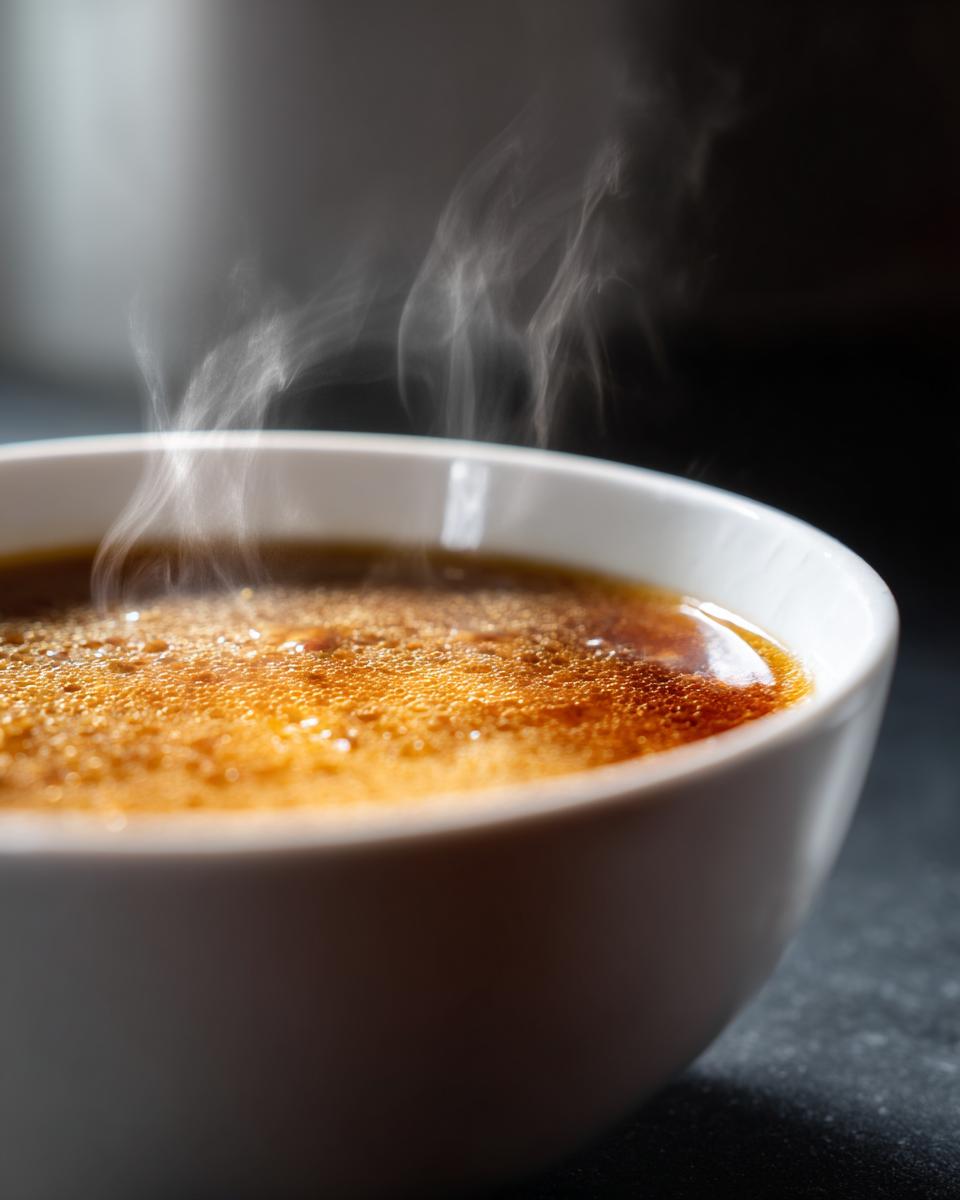 Close-up of a bowl of steaming Garlic Miso Ramen-Inspired Broth.
