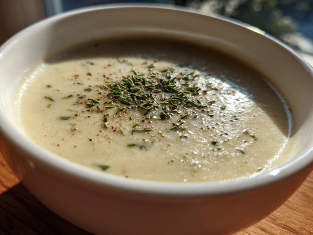 Close-up of a bowl of creamy Garlic Parmesan Cauliflower Soup, garnished with herbs and pepper.