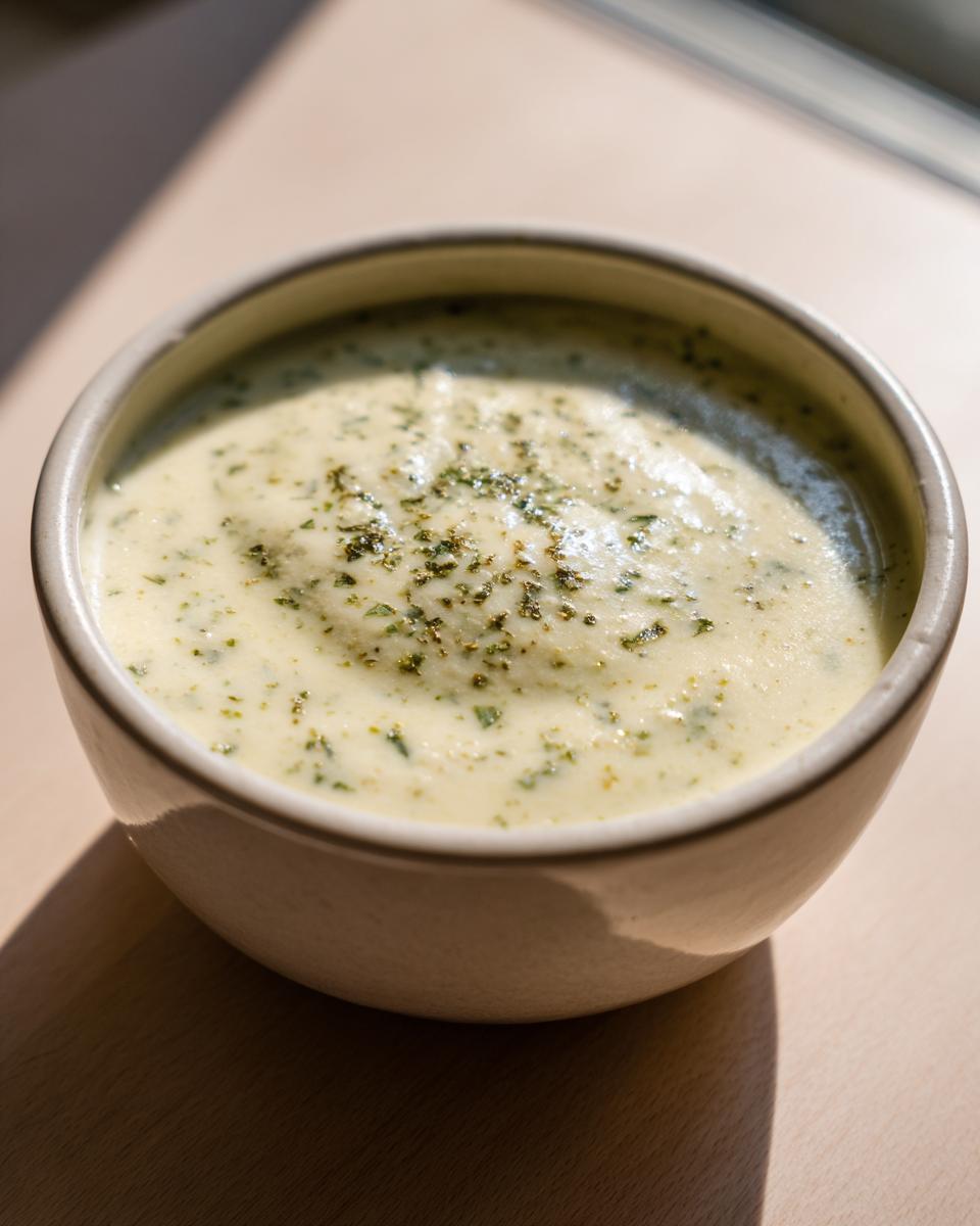A bowl of creamy Garlic Parmesan Cauliflower Soup, garnished with herbs.