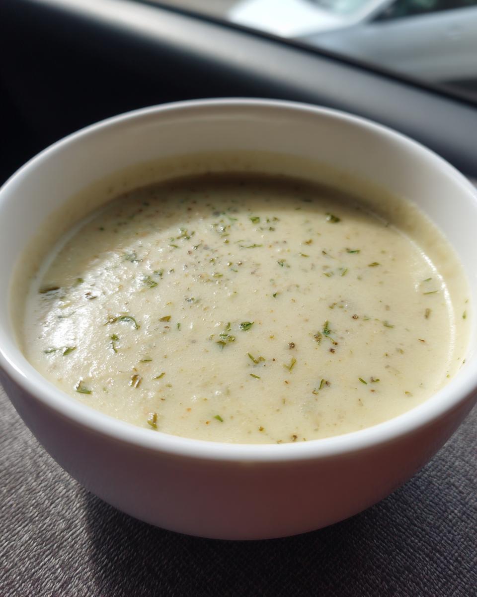 Close-up of a bowl of creamy Garlic Parmesan Cauliflower Soup, garnished with herbs.