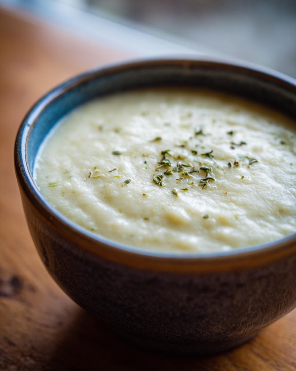 Close-up of a bowl of creamy Garlic Parmesan Cauliflower Soup, garnished with herbs.