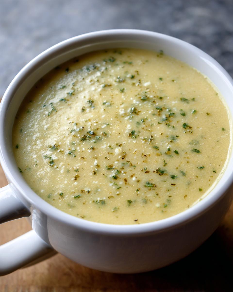 Close-up of a mug filled with creamy Garlic Parmesan Cauliflower Soup, garnished with herbs.