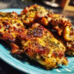 Close-up of Garlic Parmesan Ranch Chicken Thighs on a blue plate, seasoned and ready to eat.