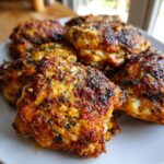Close-up of cooked Garlic Parmesan Ranch Chicken Thighs on a white plate, showing crispy skin.