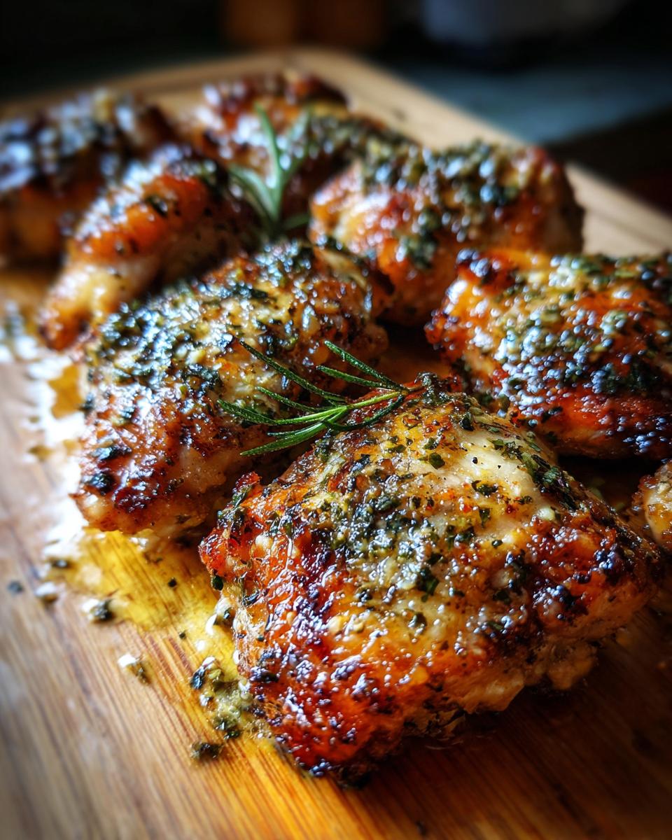 Close-up of Garlic Parmesan Ranch Chicken Thighs on a wooden board, garnished with herbs.