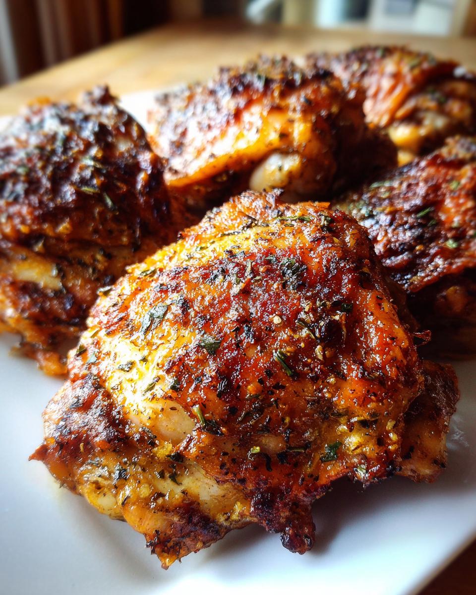 Close-up of cooked Garlic Parmesan Ranch Chicken Thighs on a white plate, showing crispy skin and herbs.