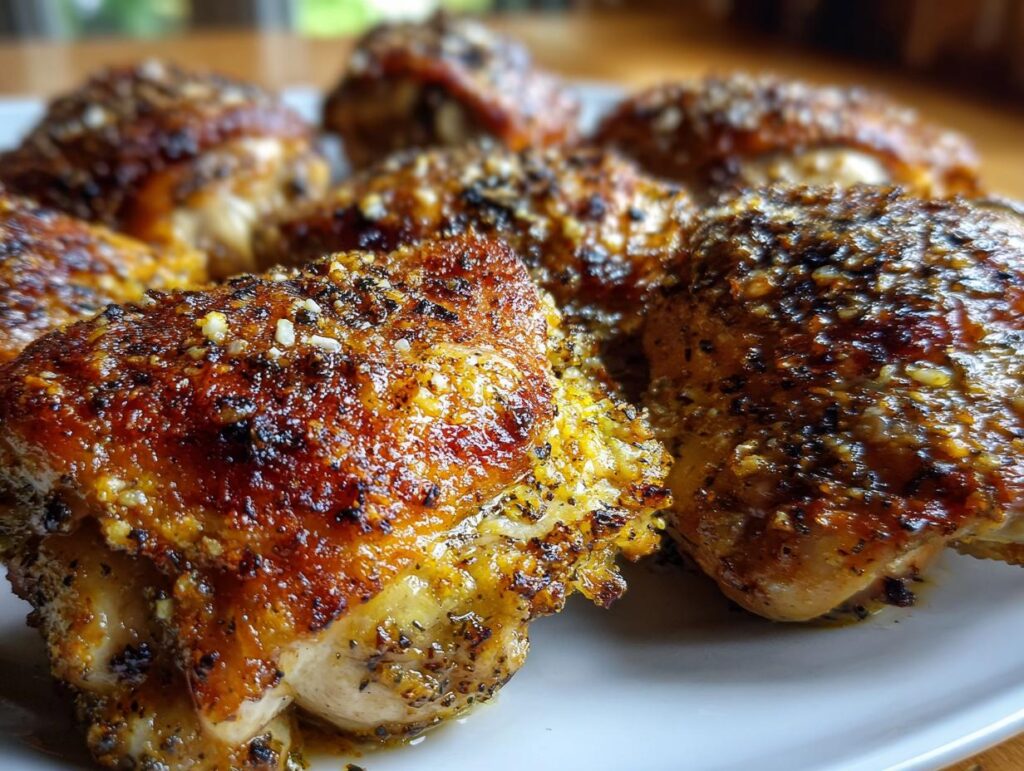 Close-up of golden-brown Garlic Parmesan Ranch Chicken Thighs on a white plate.