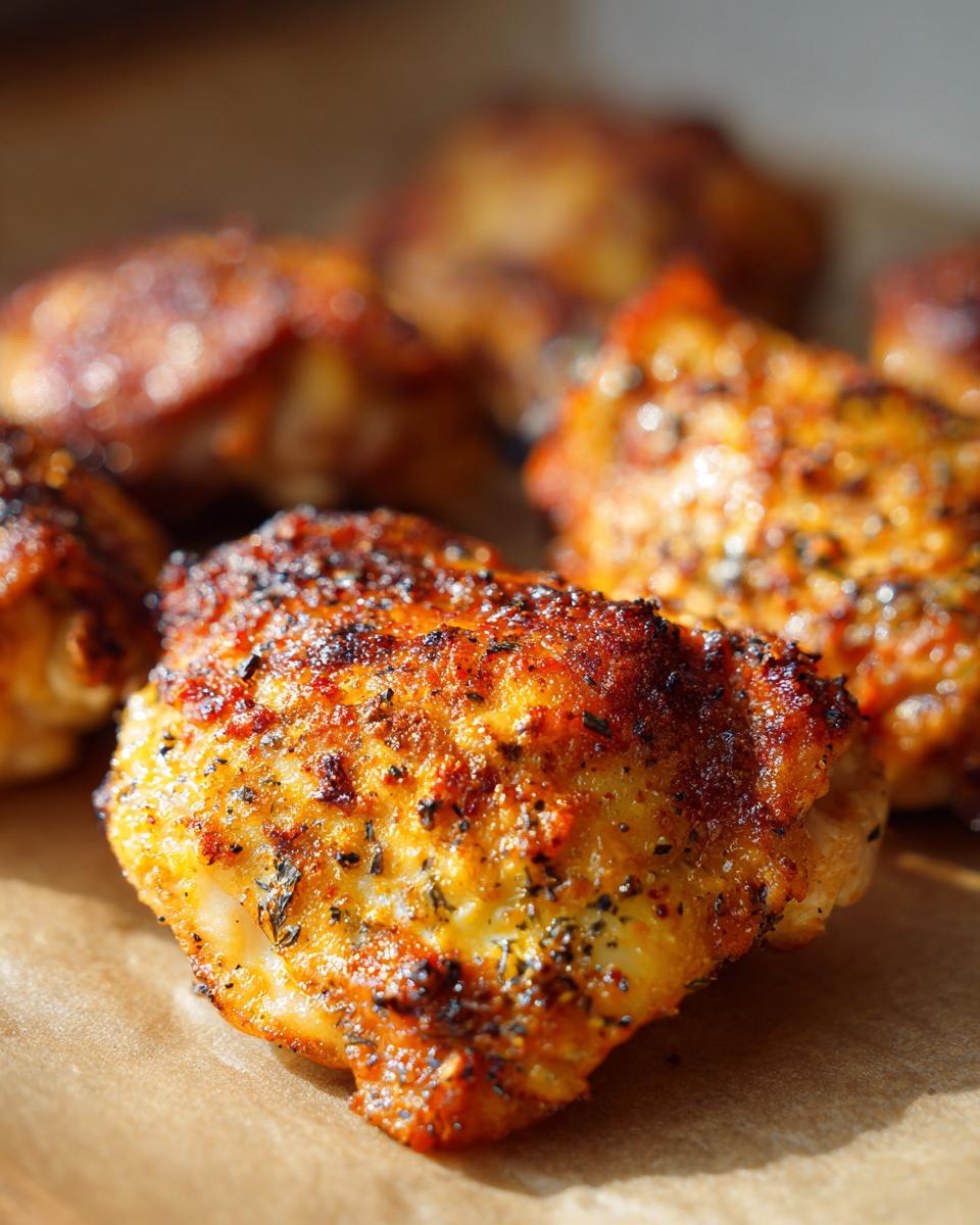 Close-up of golden-brown Garlic Parmesan Ranch Chicken Thighs, seasoned and cooked to perfection.
