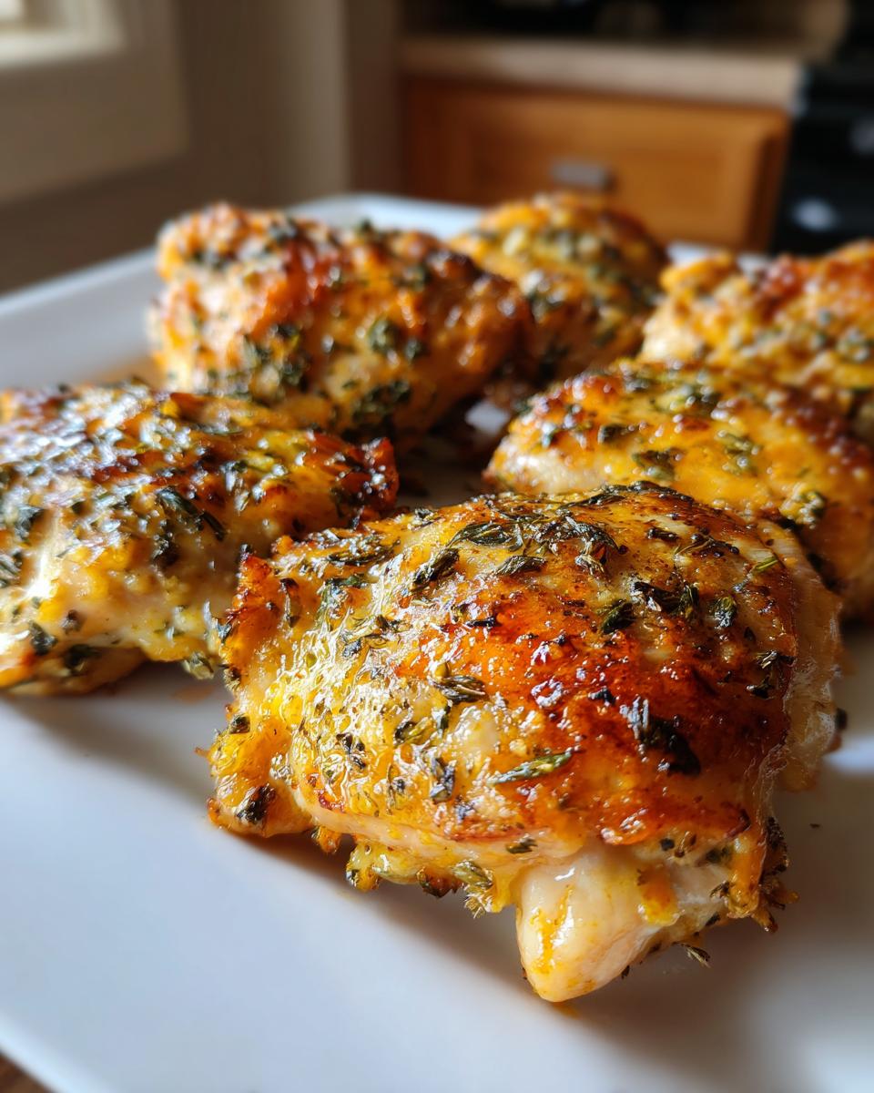 Close-up of cooked Garlic Parmesan Ranch Chicken Thighs on a white plate.