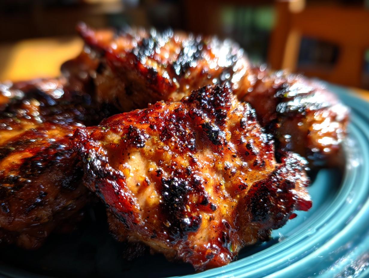 Close-up of cooked Garlic Parmesan Ranch Chicken Thighs on a blue plate, showing juicy and crispy skin.