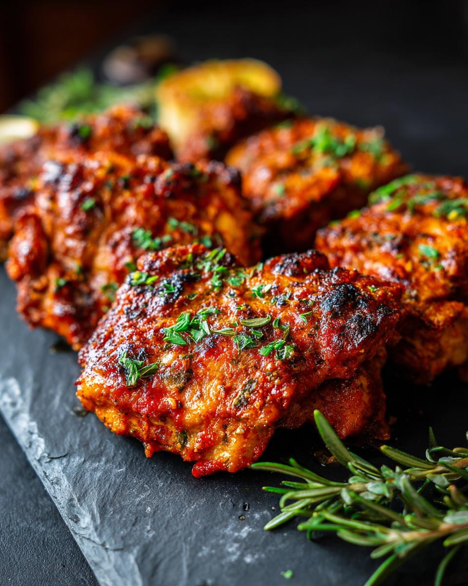 Close-up of cooked Garlic Parmesan Ranch Chicken Thighs on a dark surface, garnished with herbs.