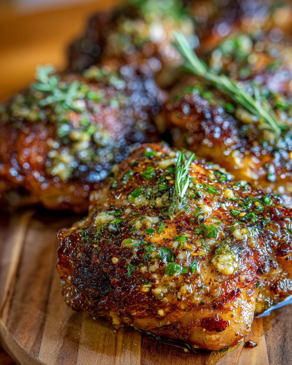 Close-up of Garlic Parmesan Ranch Chicken Thighs on a wooden board, garnished with herbs.