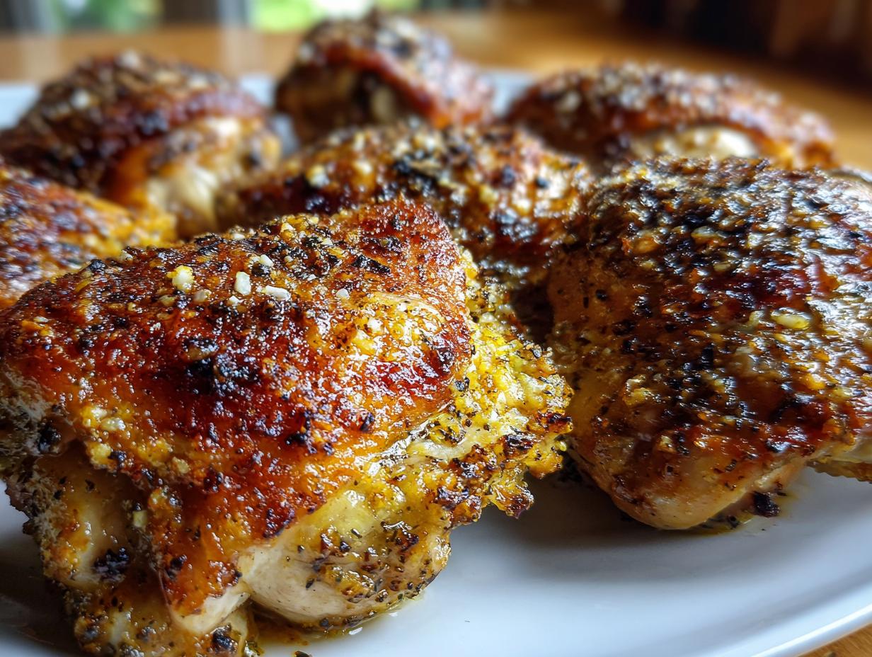 Close-up of golden-brown Garlic Parmesan Ranch Chicken Thighs on a white plate.
