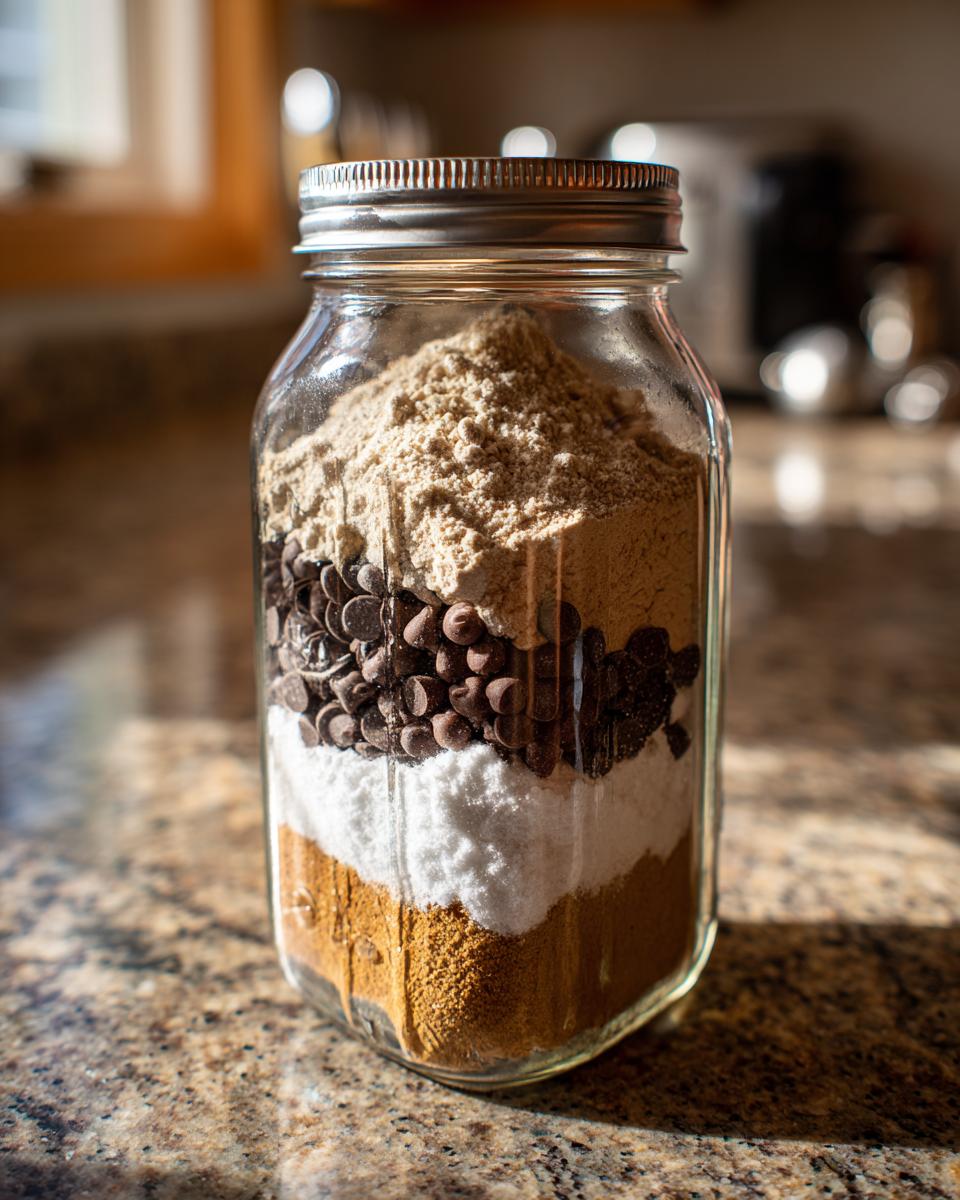 A mason jar filled with layered ingredients for a giftable cookie mix, including flour, chocolate chips, and sugar.